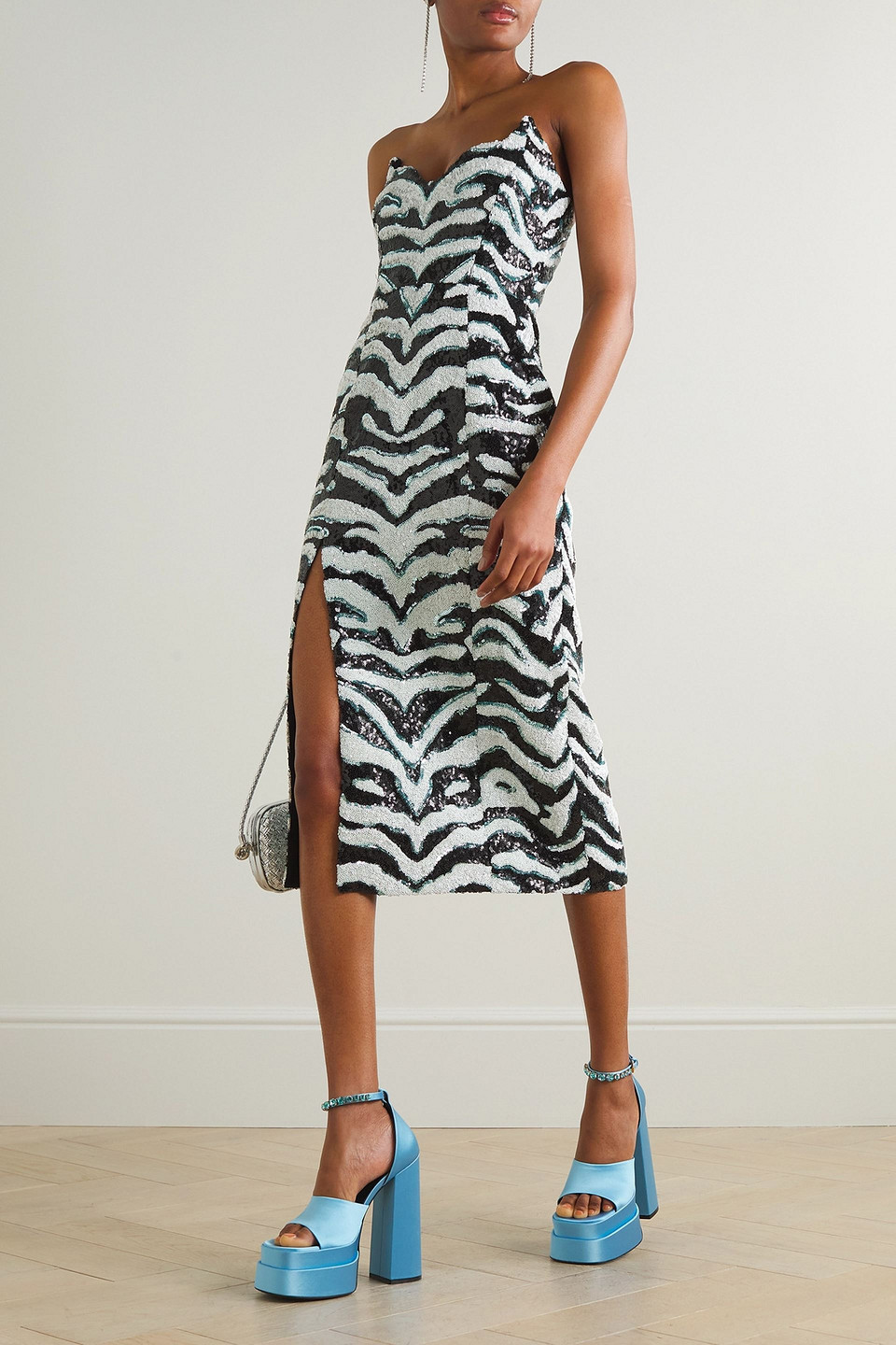 Halpern Strapless Sequined Zebra-print Tulle Midi Dress In White