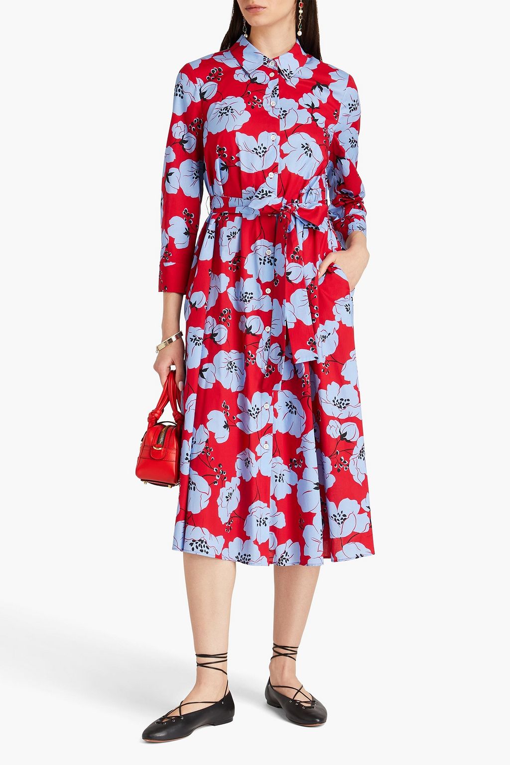 CAROLINA HERRERA Hemdkleid in Midilänge aus einer Baumwollmischung mit floralem Print und Gürtel