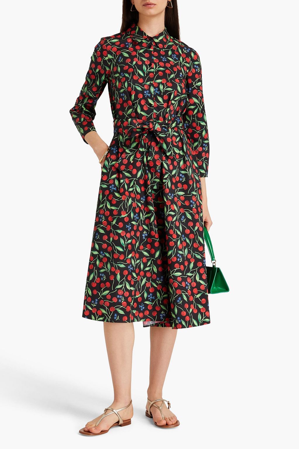 CAROLINA HERRERA コットン混ポプリン ミディシャツワンピース ベルト付き プリント入り