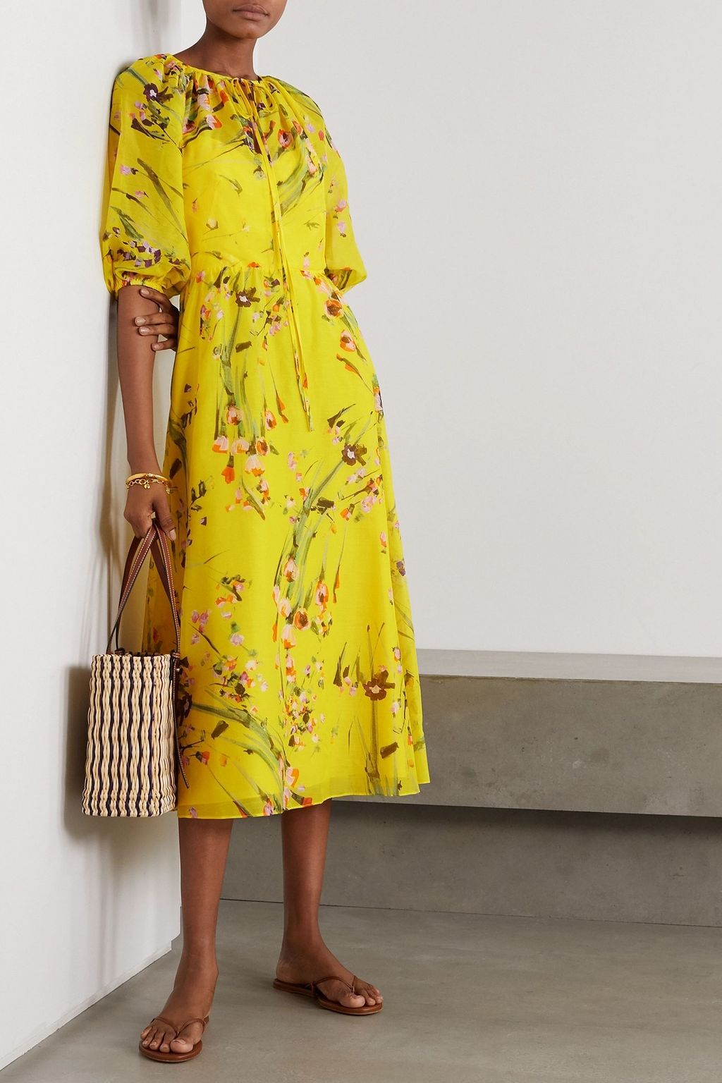 LELA ROSE Wildflower tie-detailed floral-print cotton and silk-blend voile midi dress