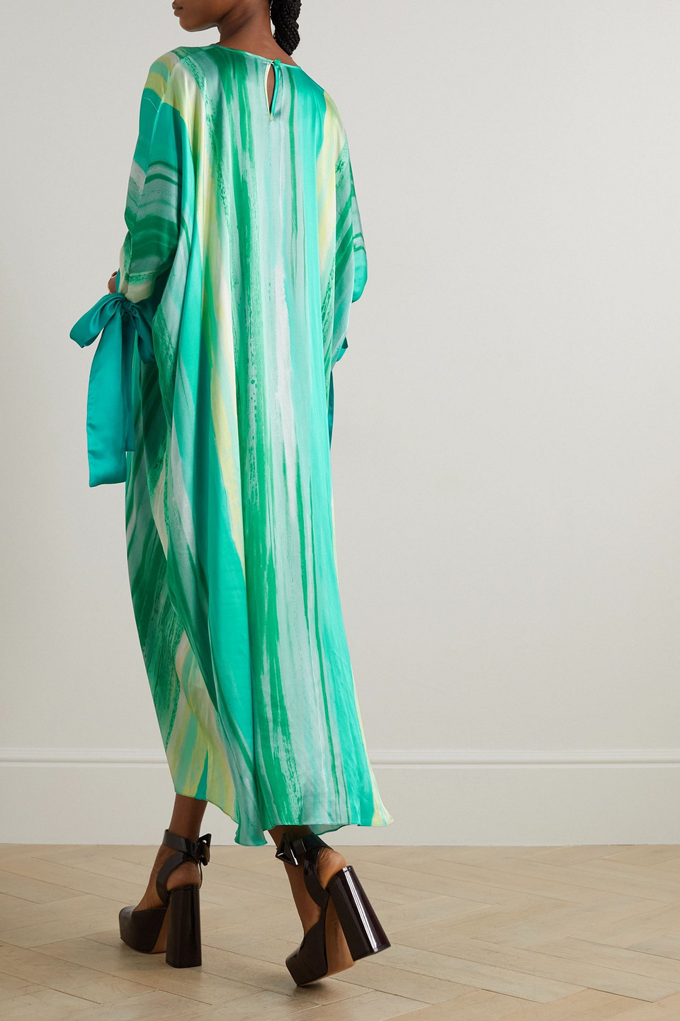 HALPERN BOW-DETAILED PRINTED SILK-SATIN KAFTAN