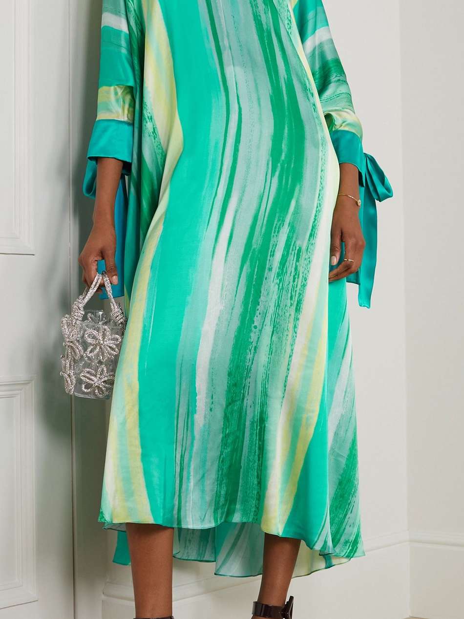 bow-detailed printed silk-satin kaftan