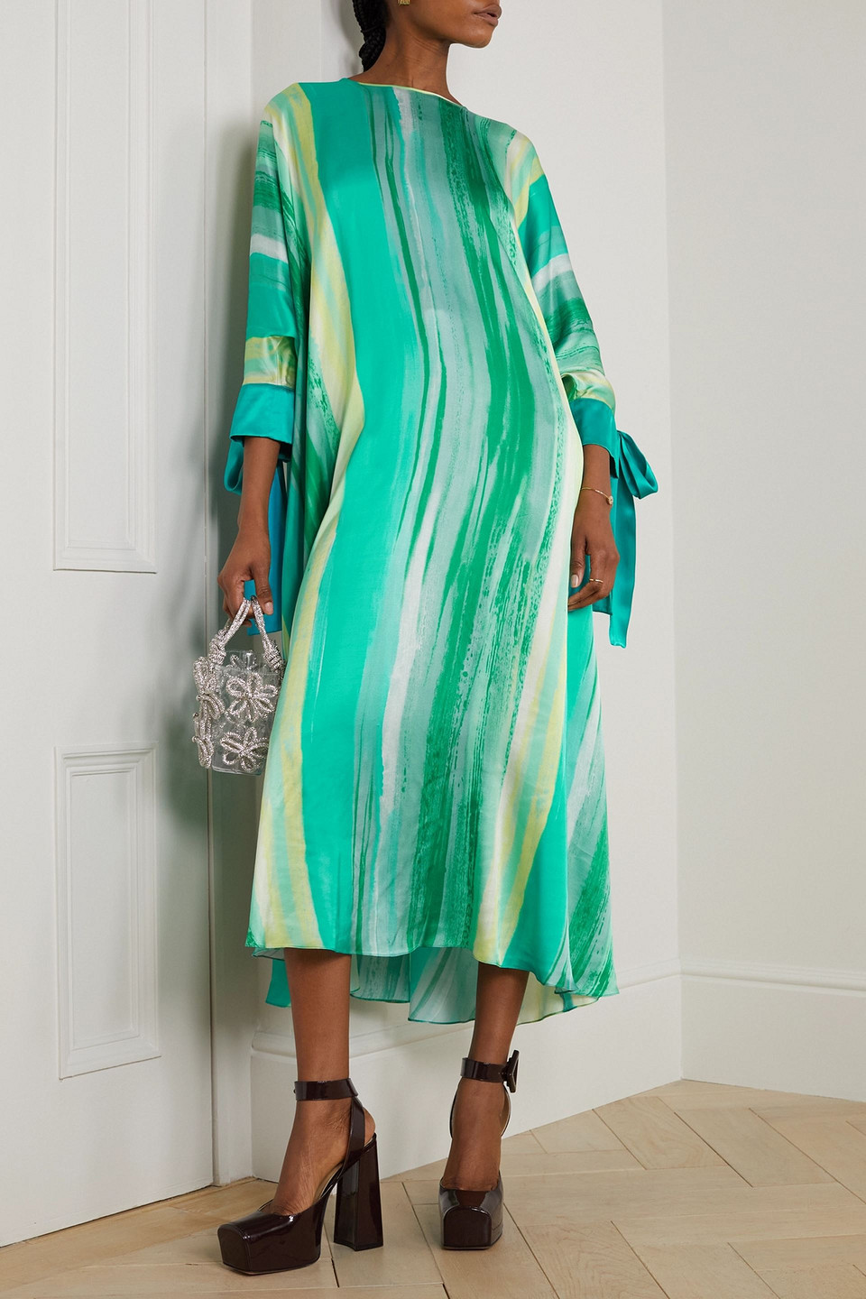 HALPERN BOW-DETAILED PRINTED SILK-SATIN KAFTAN