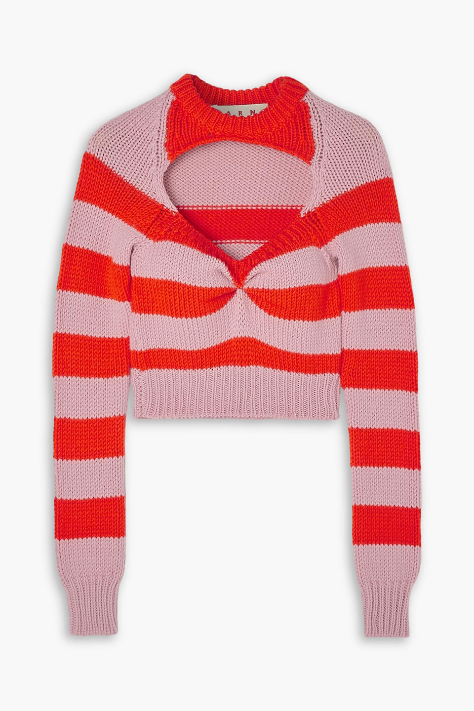 Marni Cropped Cutout Striped Wool Sweater In Baby Pink