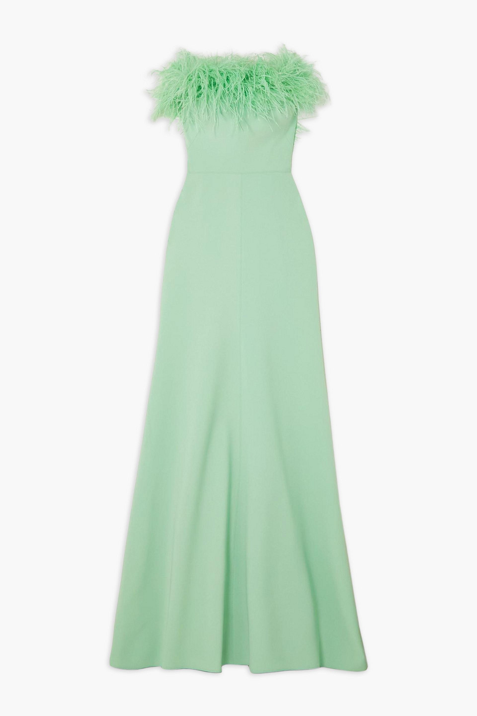 Jenny Packham Strapless Feather-trimmed Crepe Gown In Mint