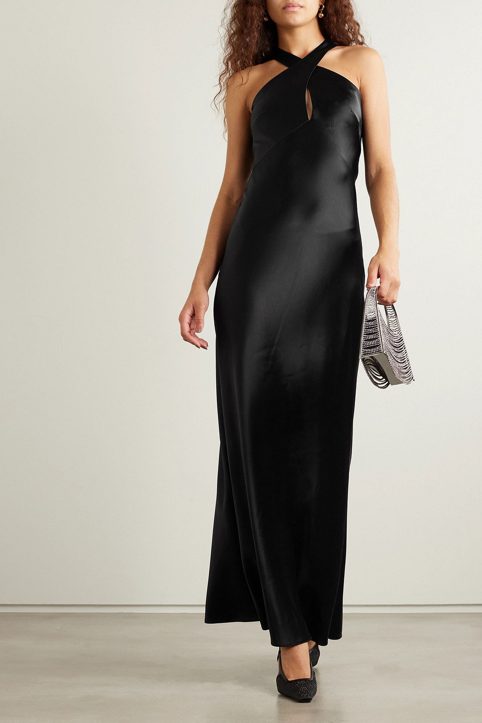 GALVAN EVELYN CUTOUT SATIN HALTERNECK MAXI DRESS 