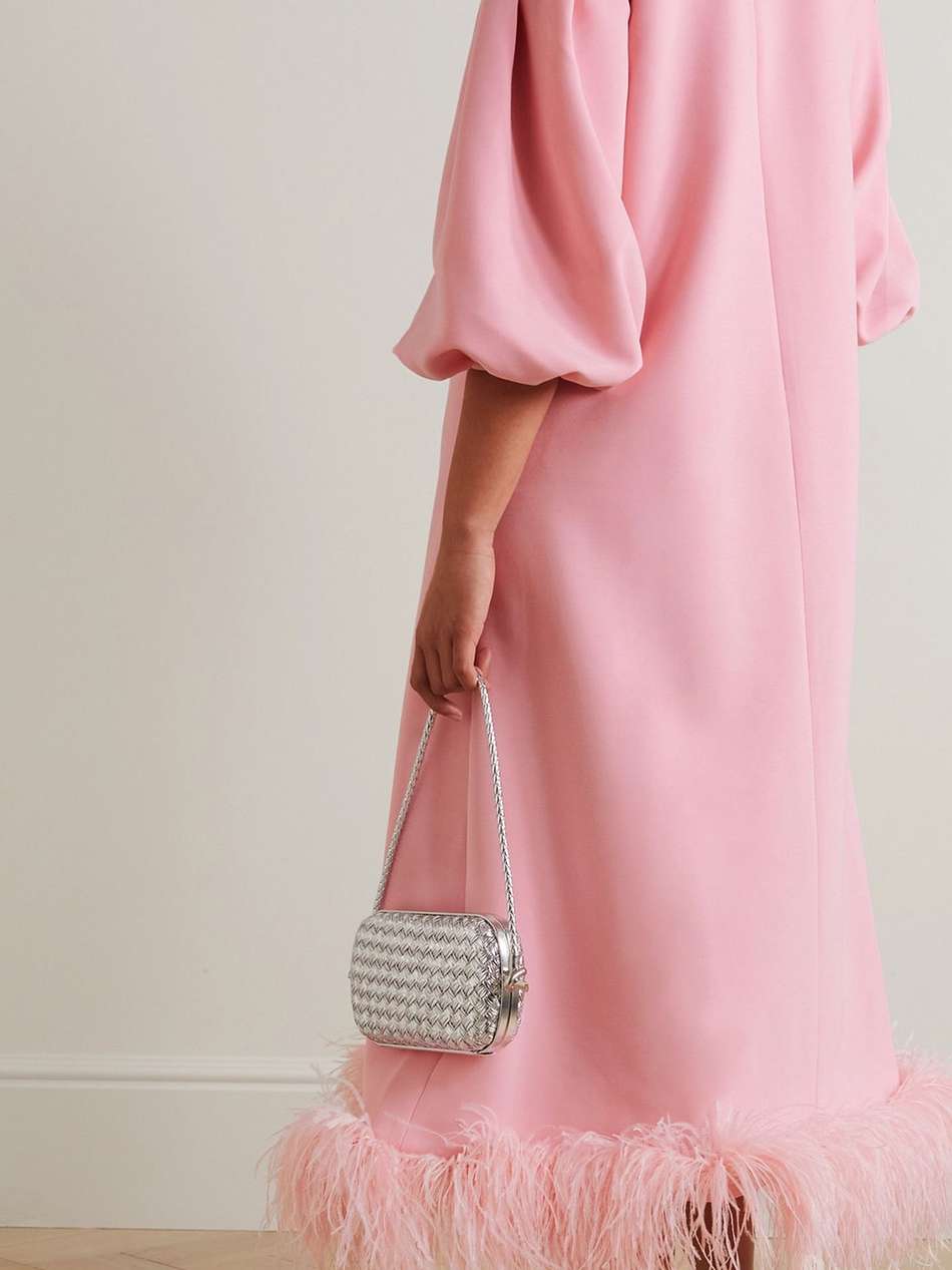 poppy feather-trimmed crepe midi dress