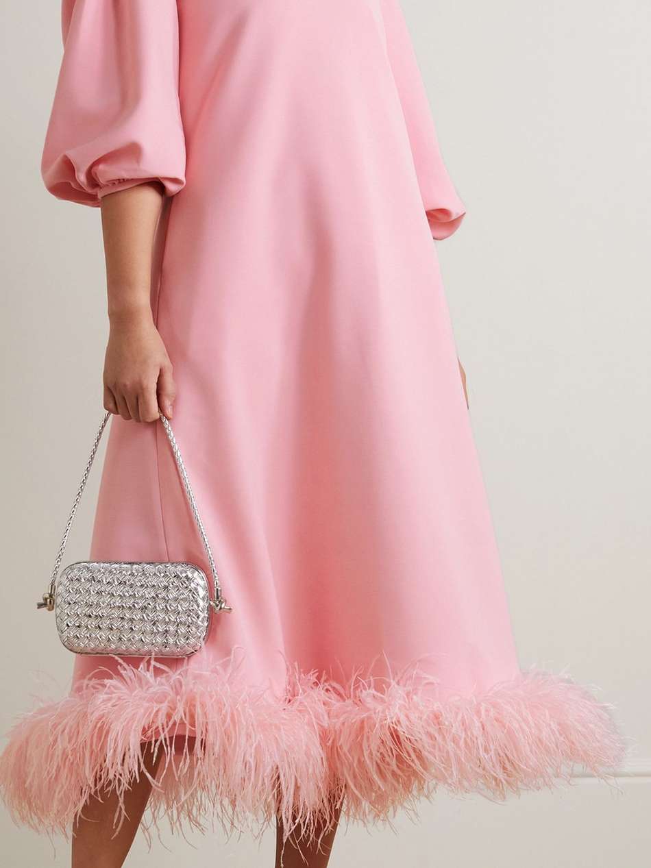poppy feather-trimmed crepe midi dress