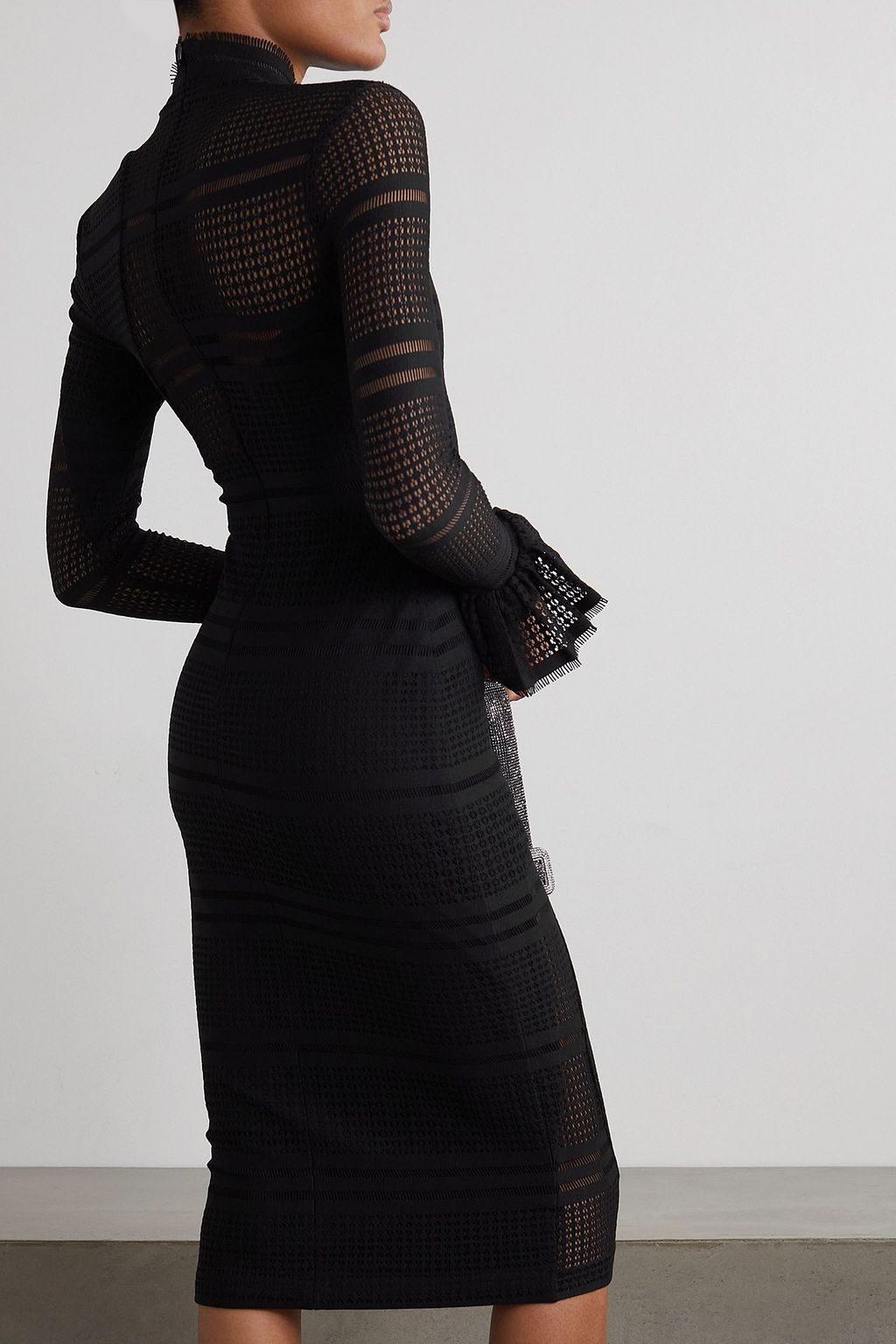 HALPERN Ruffled paneled open-knit midi dress