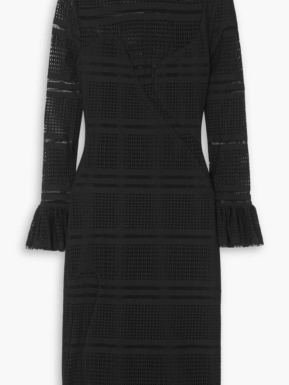 ruffled paneled open-knit midi dress