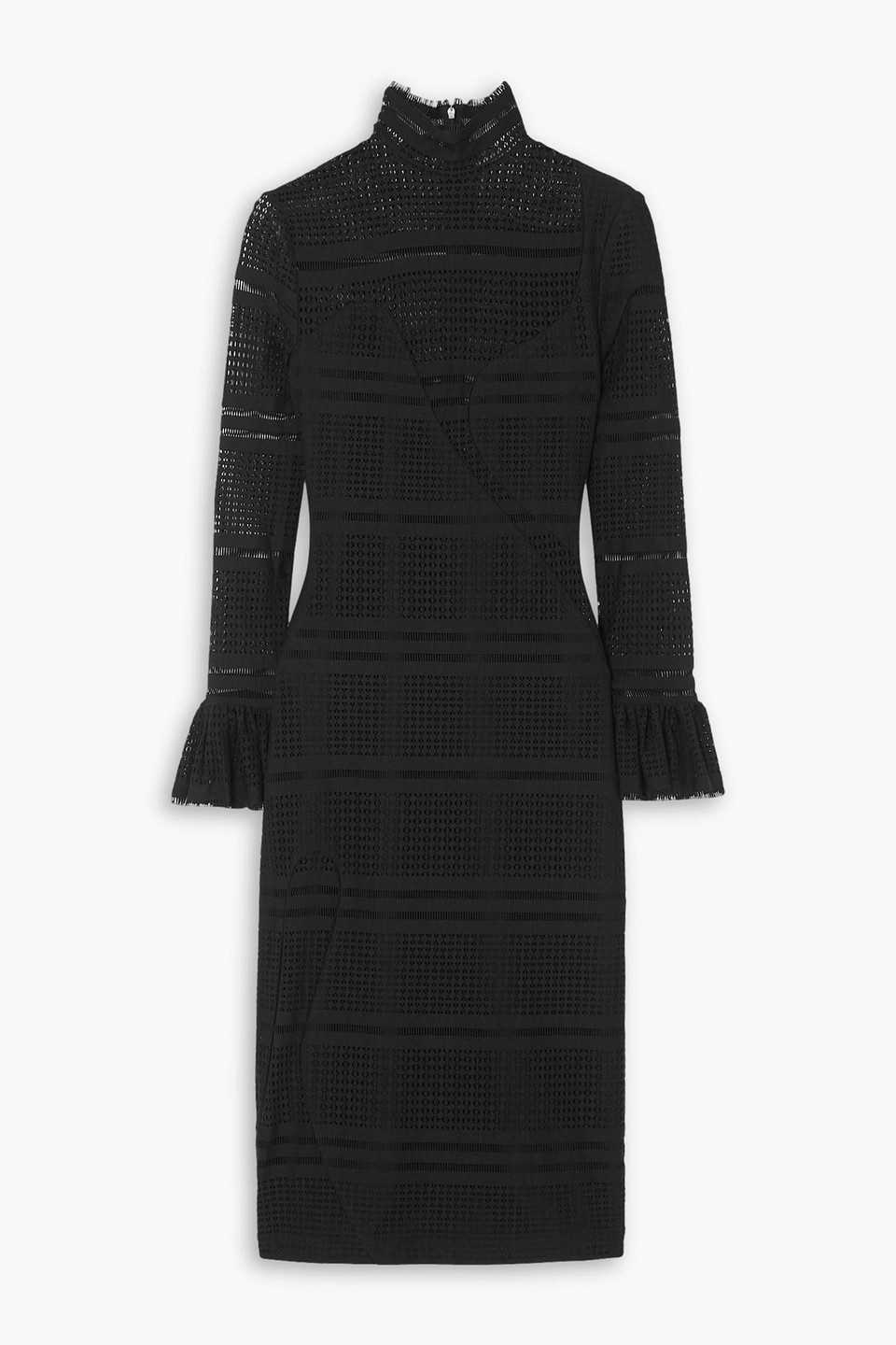Halpern Ruffled Paneled Open-knit Midi Dress In Schwarz