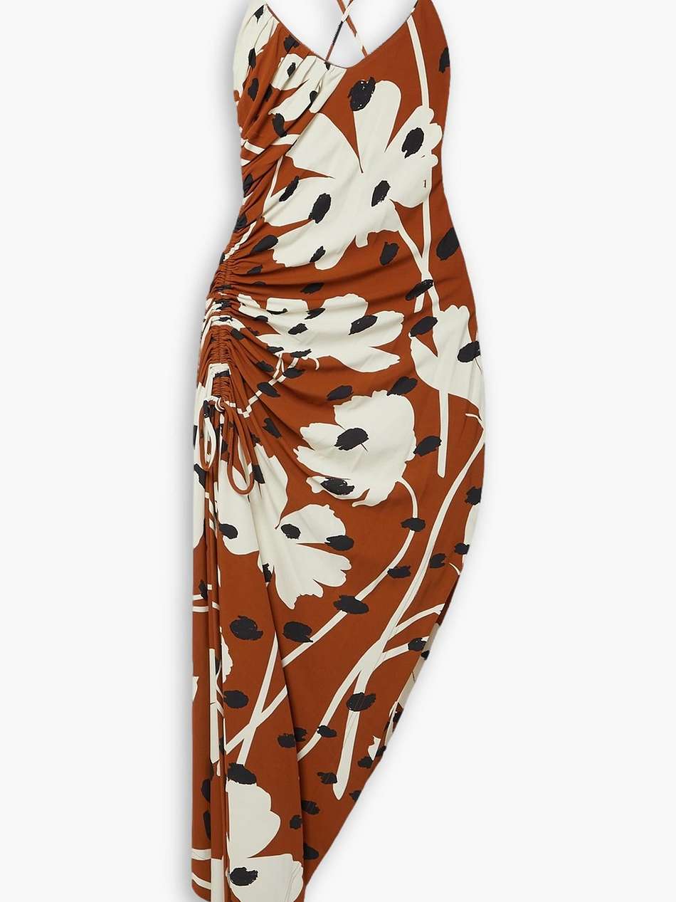 asymmetric draped printed stretch-crepe midi dress