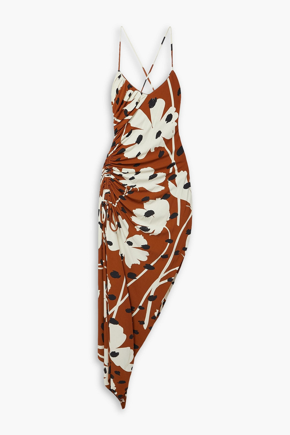 Asymmetric draped printed stretch-crepe midi dress