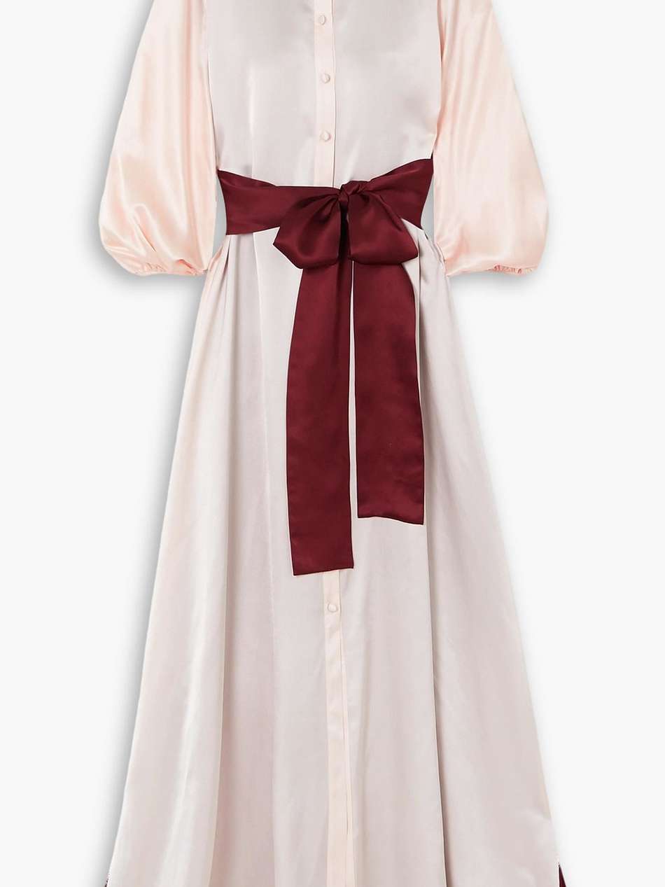 belted two-tone silk-satin maxi shirt dress