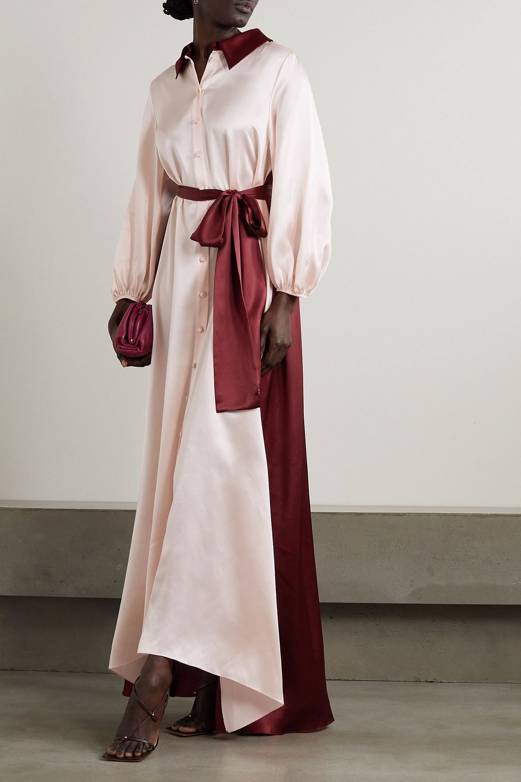 HALPERN Belted two-tone silk-satin maxi shirt dress