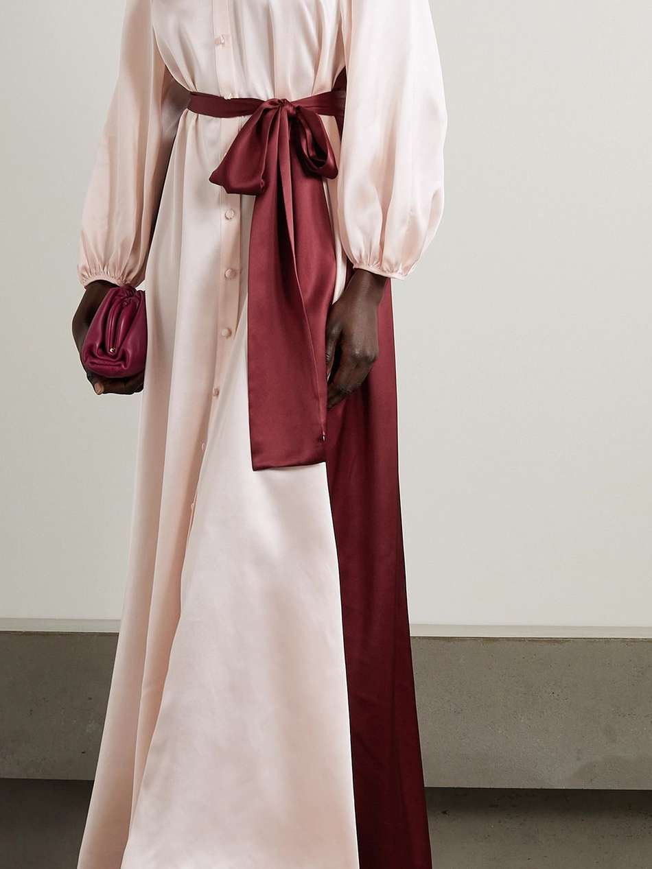 belted two-tone silk-satin maxi shirt dress