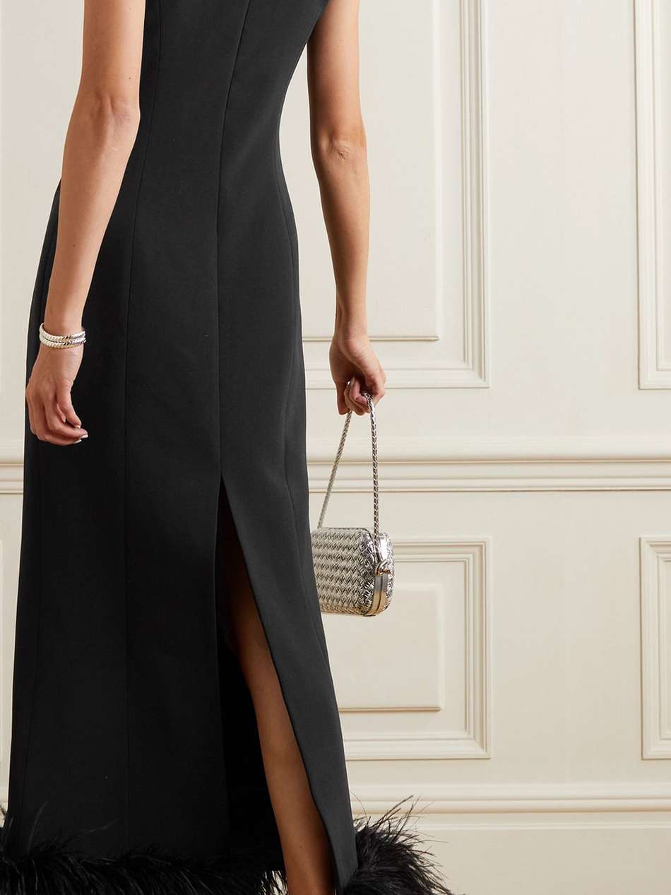 yumei crystal-embellished feather-trimmed crepe midi dress