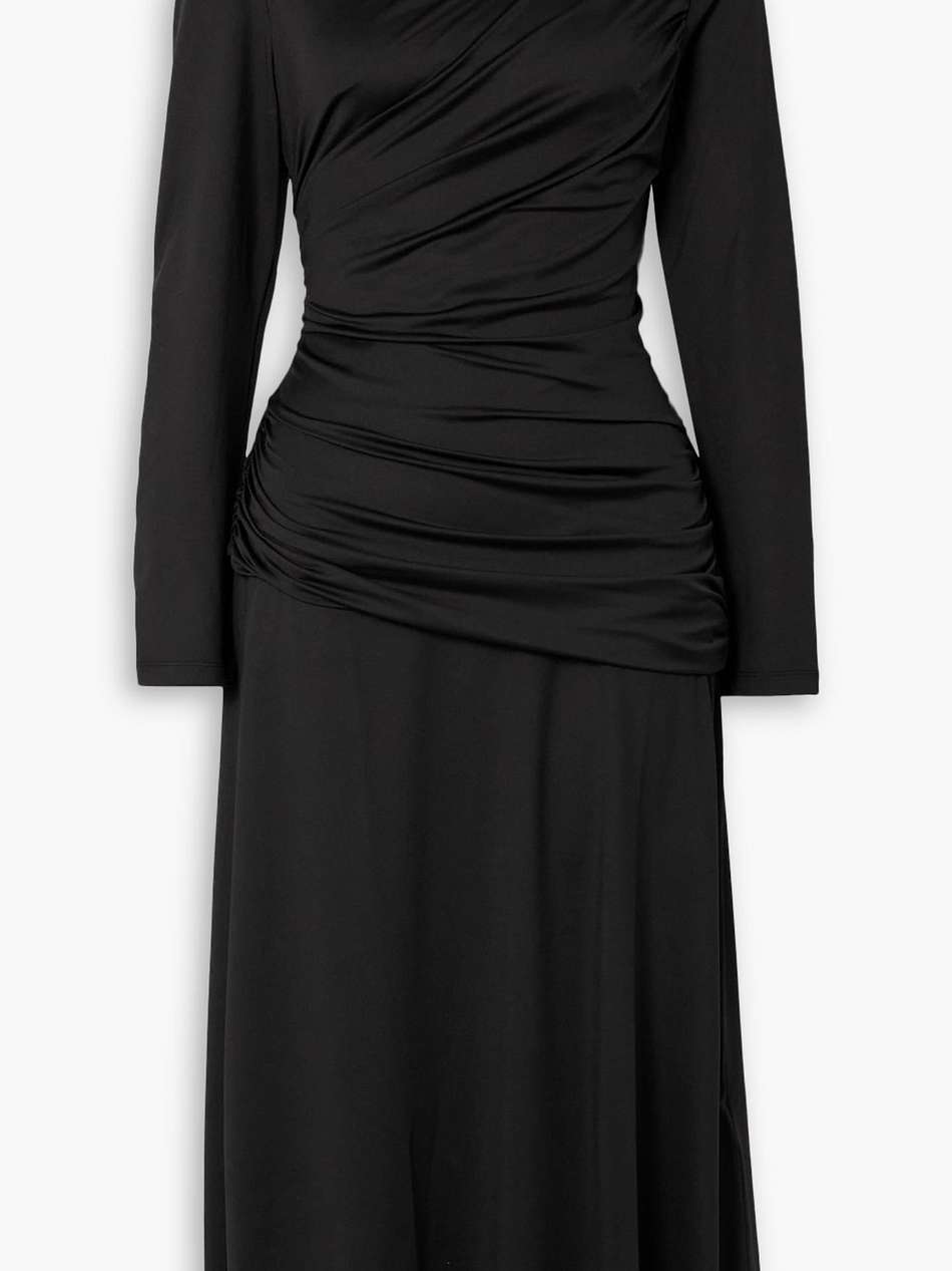 cold-shoulder ruched glossed-jersey midi dress