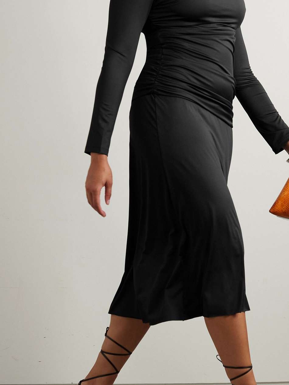 cold-shoulder ruched glossed-jersey midi dress
