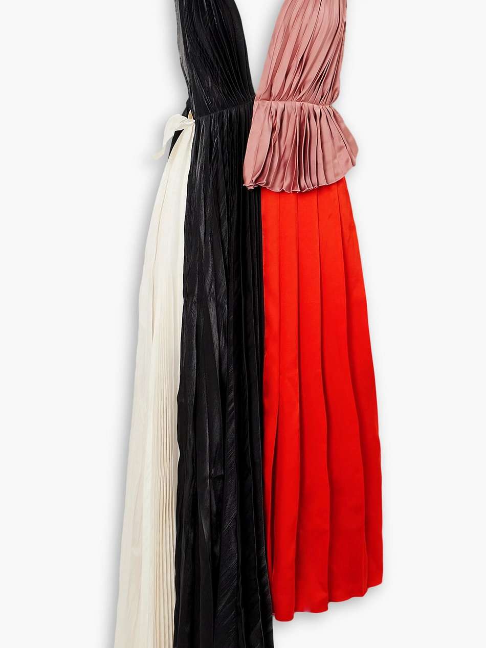 asymmetric pleated crepe and satin dress