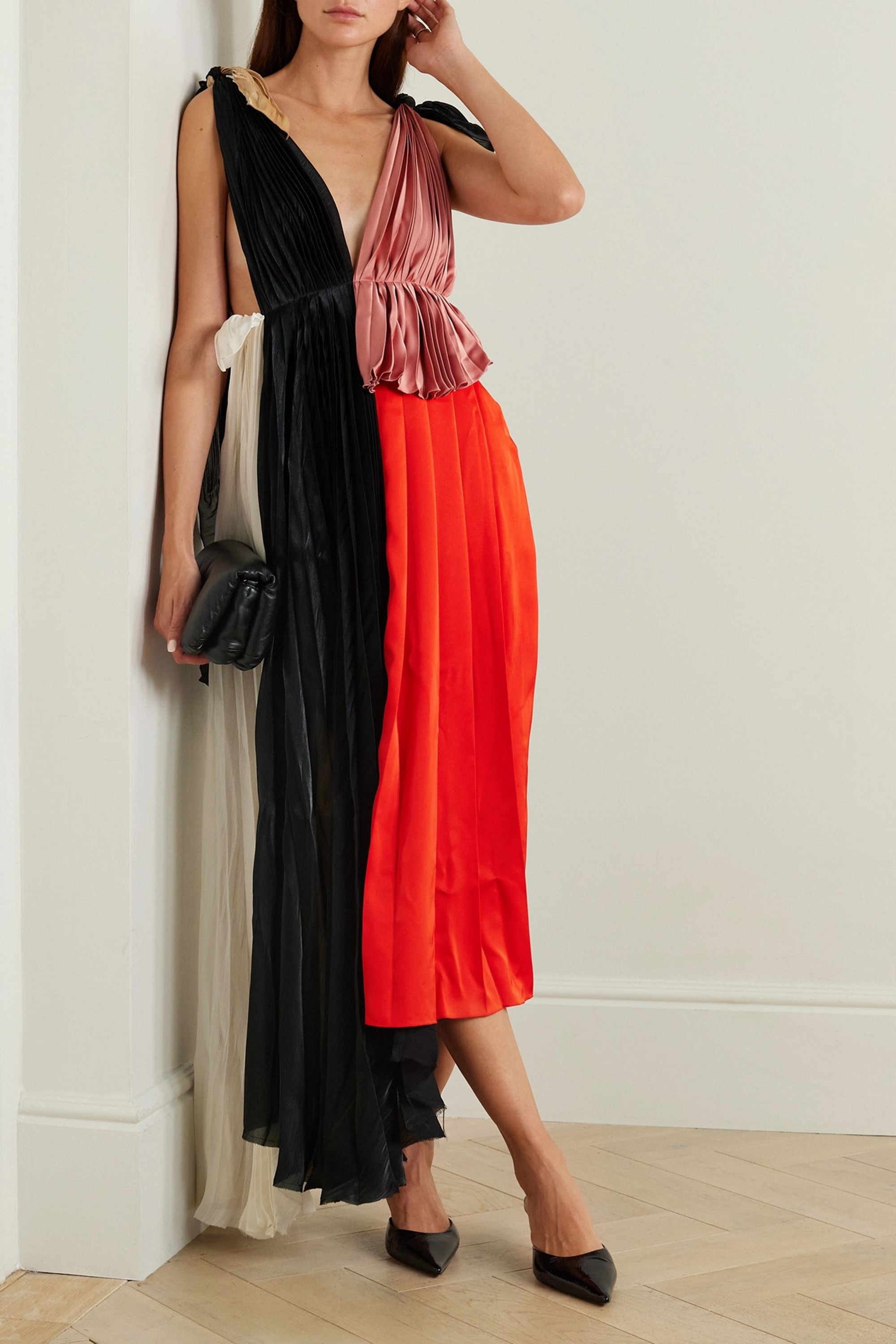 Victoria Beckham Asymmetric pleated crepe and satin dress