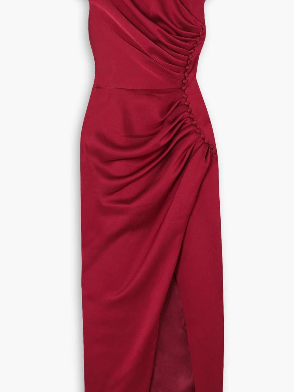 button-embellished draped satin midi dress