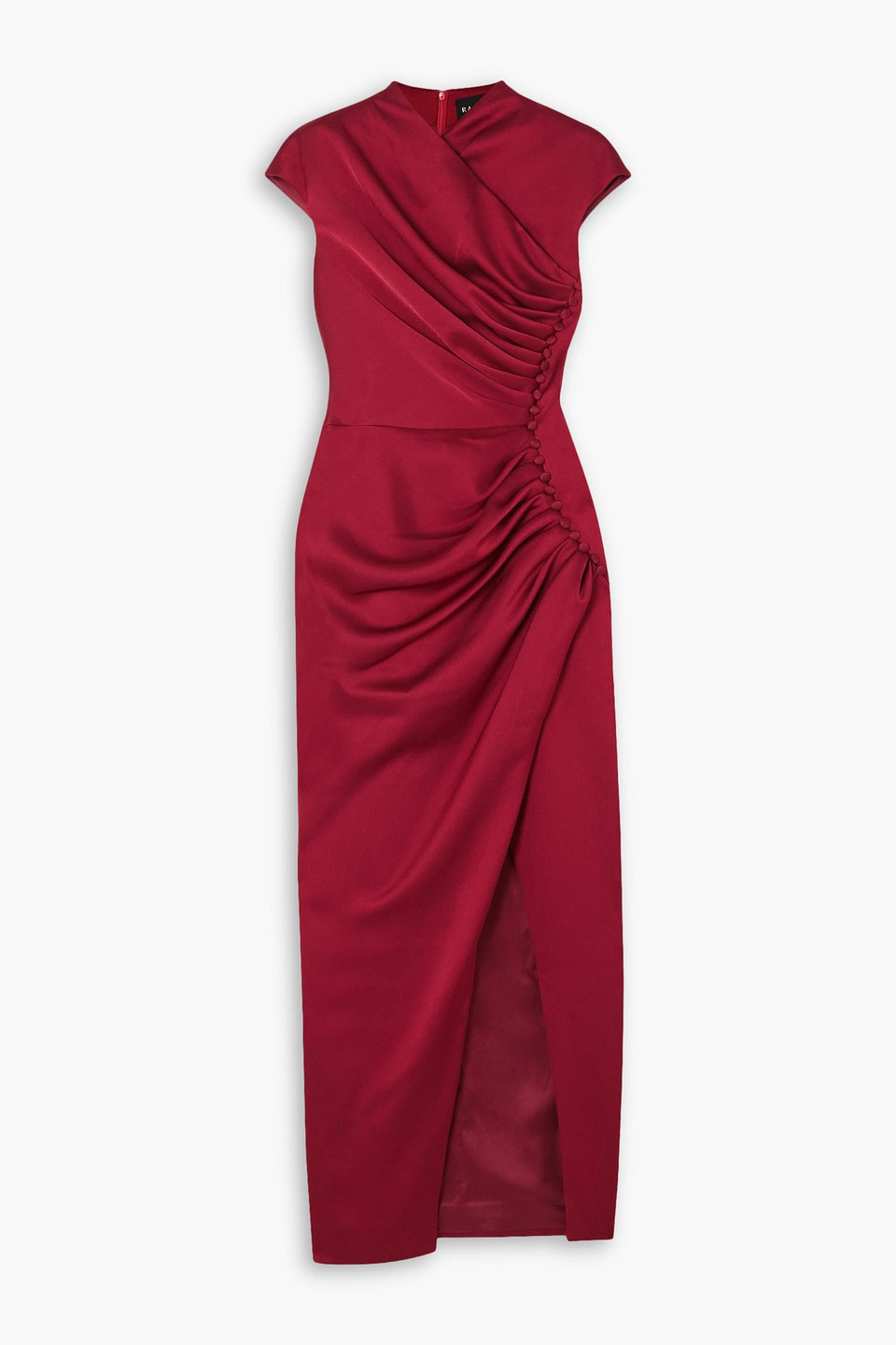 Rasario Button-embellished Draped Satin Midi Dress In Burgundy