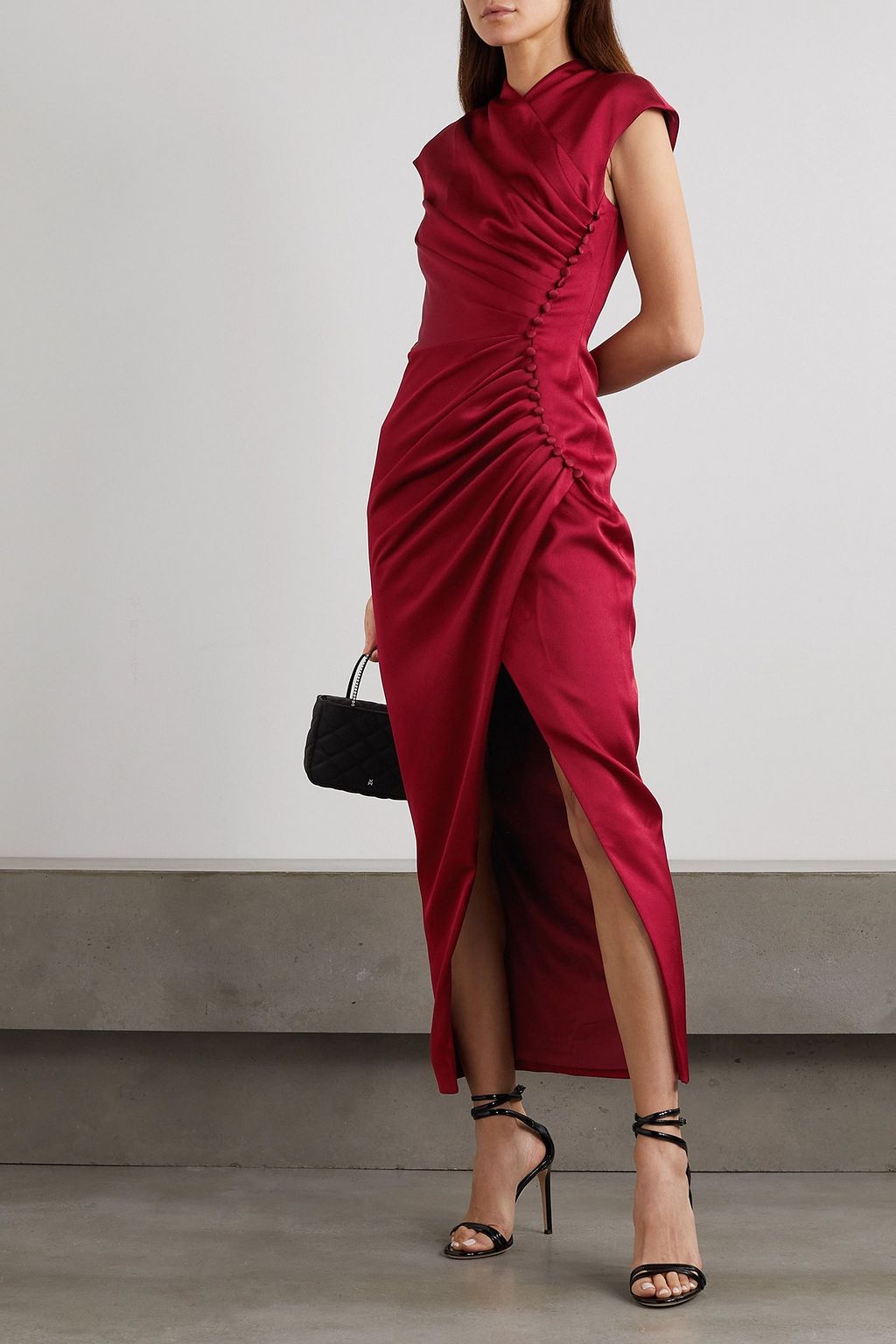 RASARIO Button-embellished draped satin midi dress