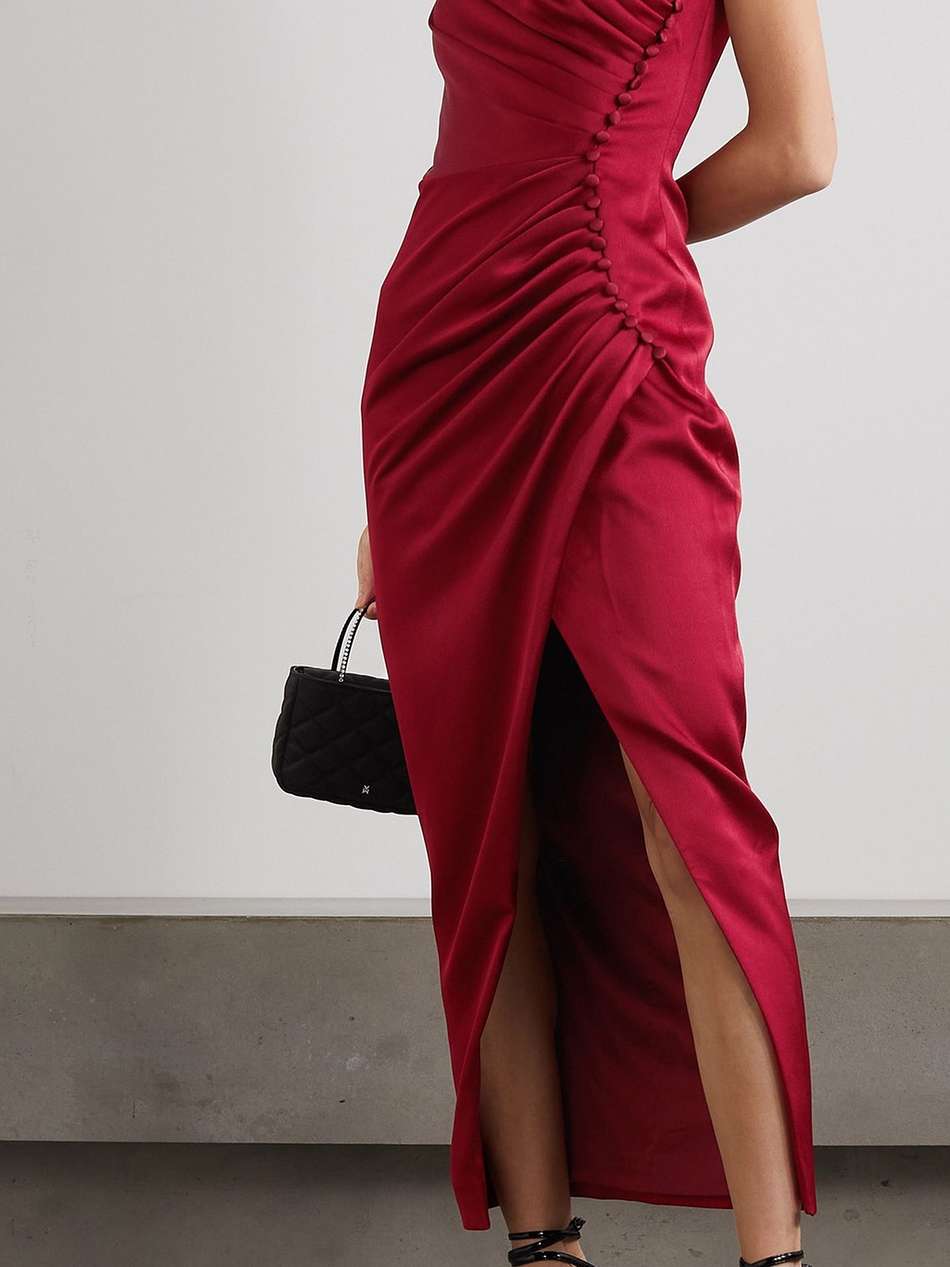 button-embellished draped satin midi dress