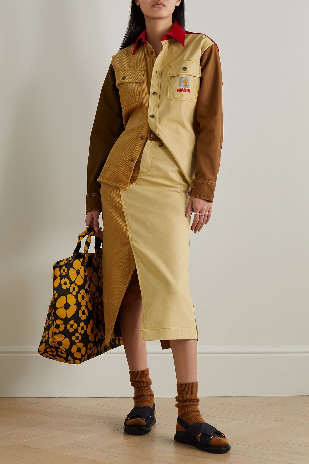 MARNI X CARHARTT WIP Carhartt WIP + تنورة متوسّطة الطول من القطن والمخمل المضلّع بأقسام متباينة الألوان