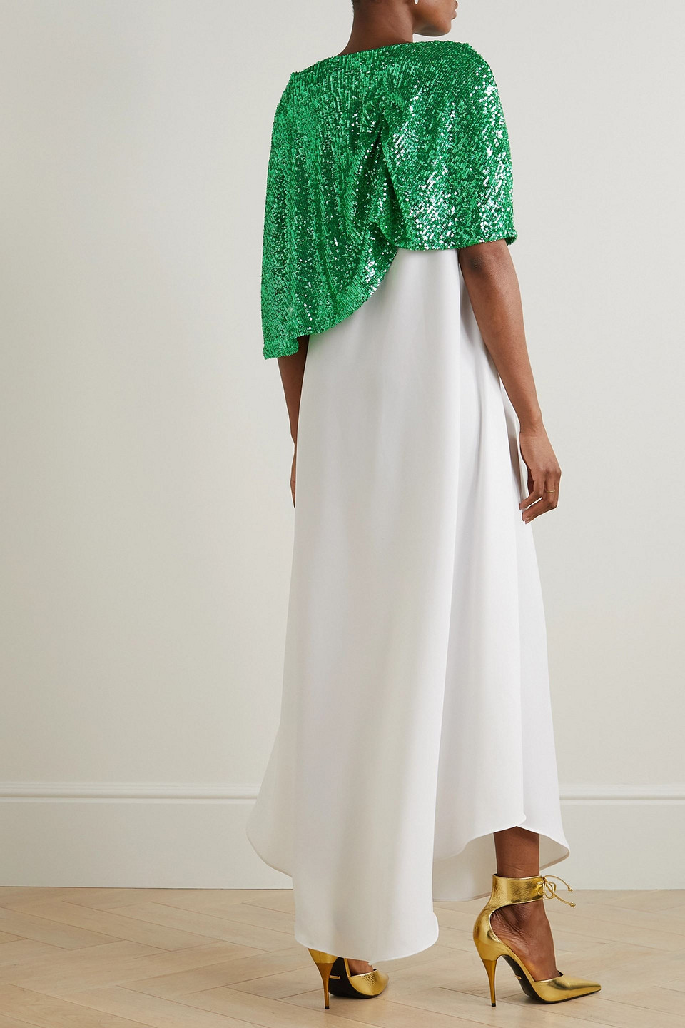 DIMA AYAD ASYMMETRIC CAPE-EFFECT CREPE AND SEQUINED TULLE GOWN