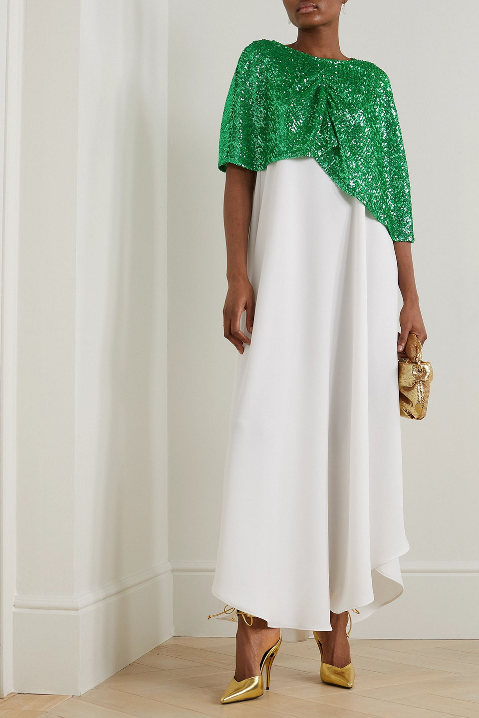 DIMA AYAD ASYMMETRIC CAPE-EFFECT CREPE AND SEQUINED TULLE GOWN