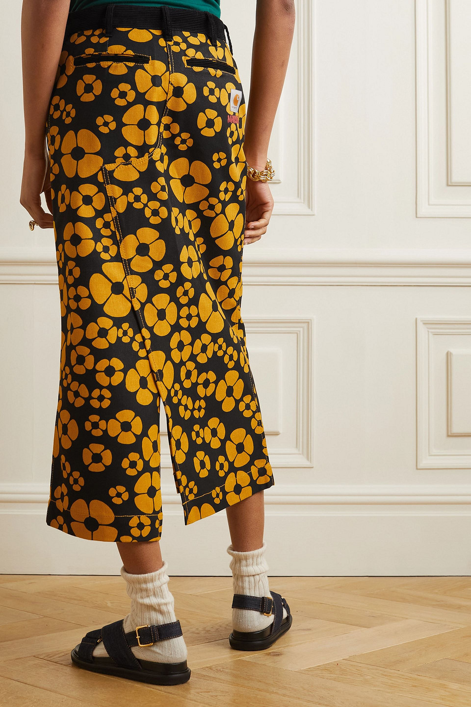 Marni Floral-print Cotton-canvas Midi Skirt In Black
