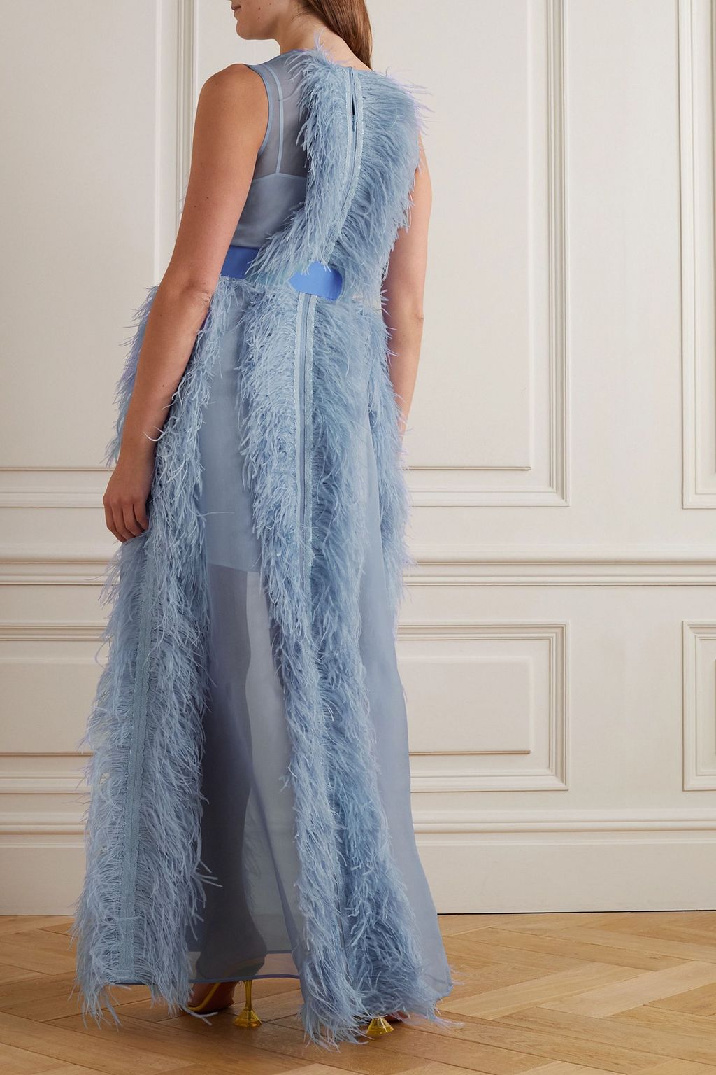 HUISHAN ZHANG Beau feather and grosgrain-trimmed silk-organza gown