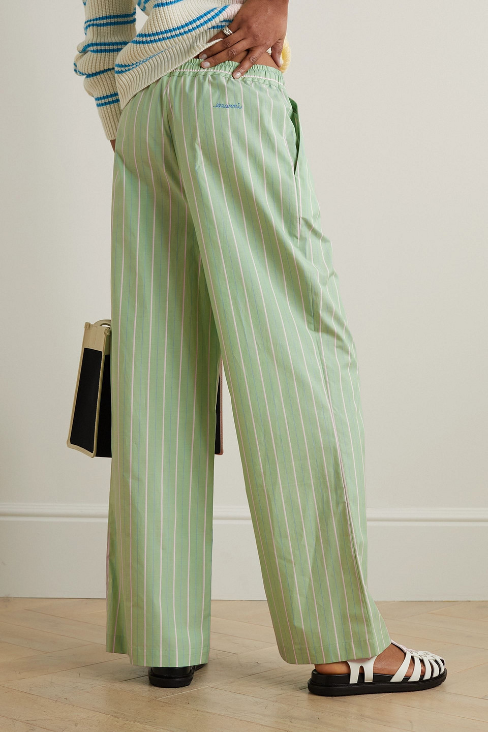 Marni Striped Organic Cotton Wide-leg Pants In Light Green