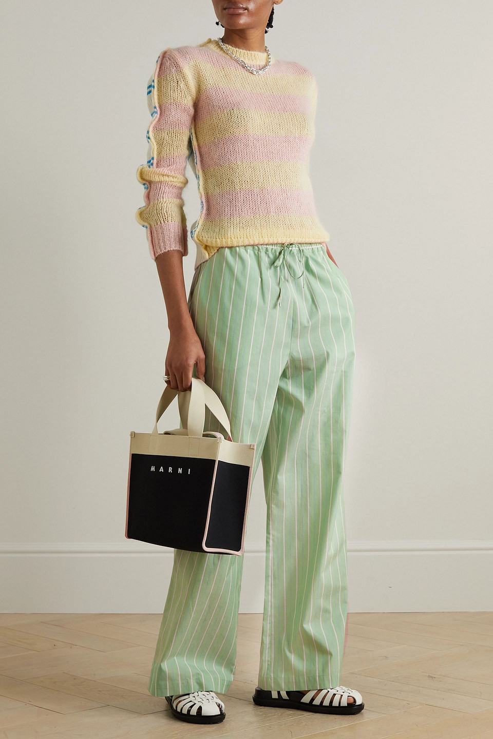 Marni Striped Organic Cotton Wide-leg Pants In Light Green