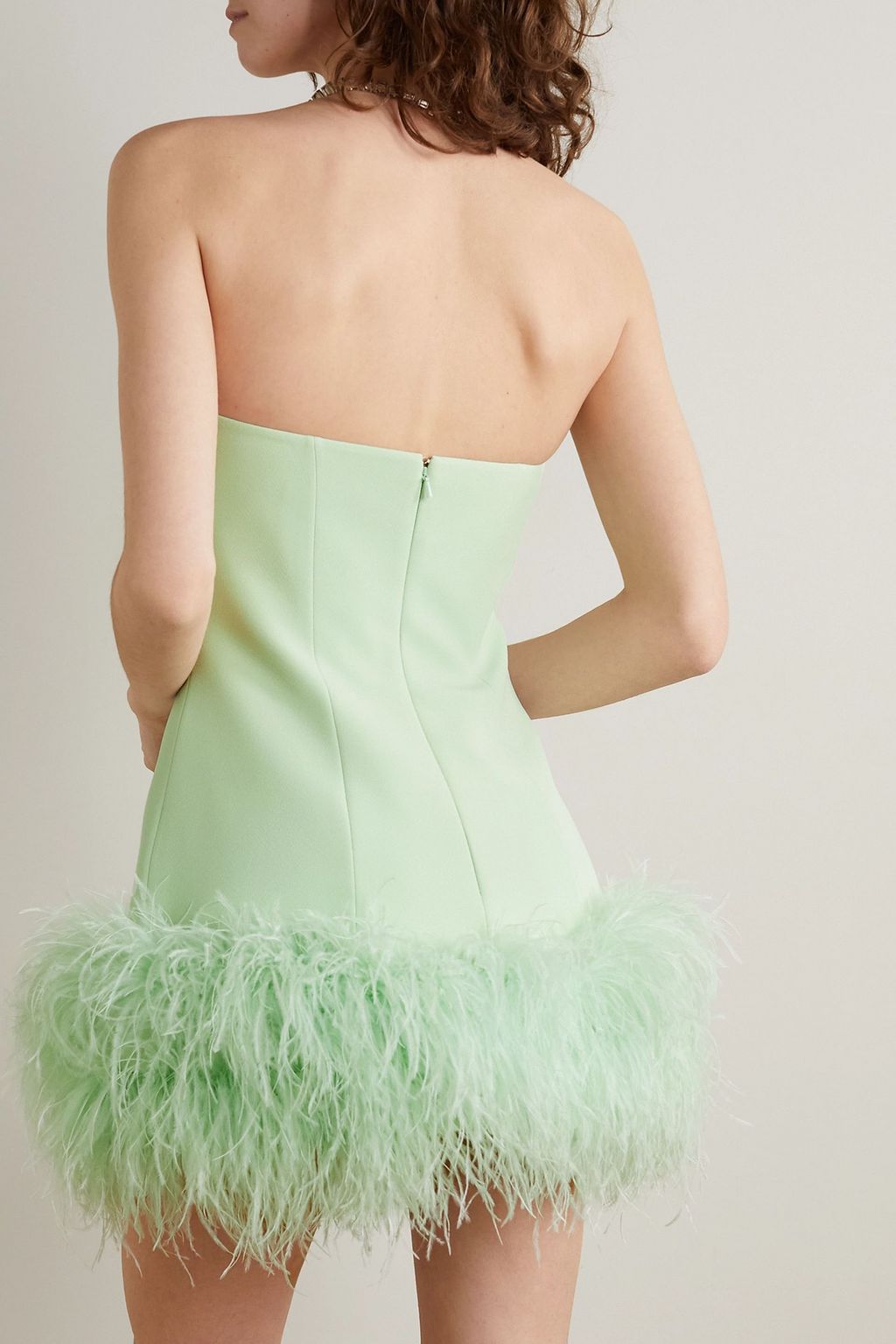 SAFIYAA Rowan strapless feather-trimmed stretch-crepe mini dress