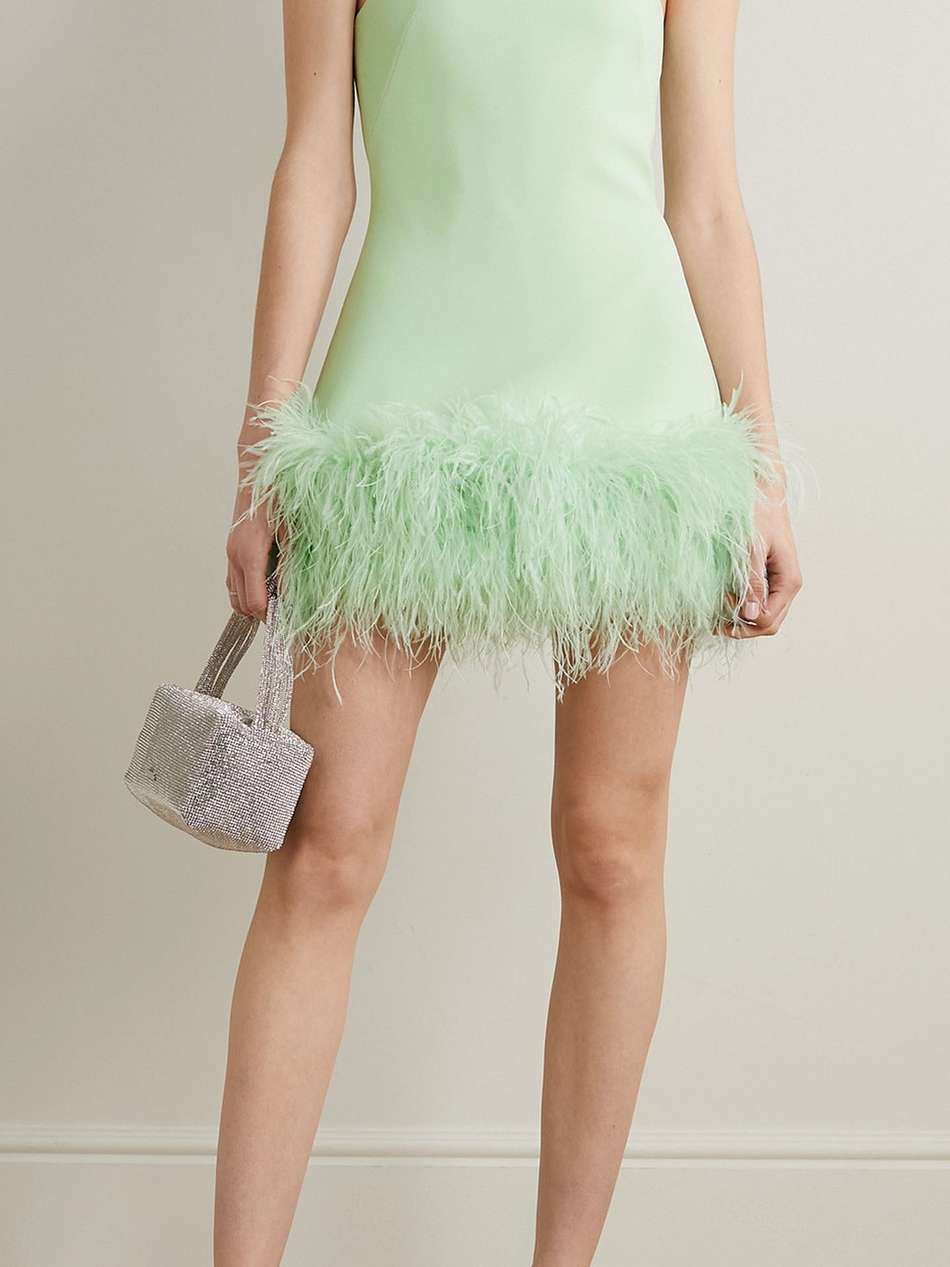 rowan strapless feather-trimmed crepe mini dress