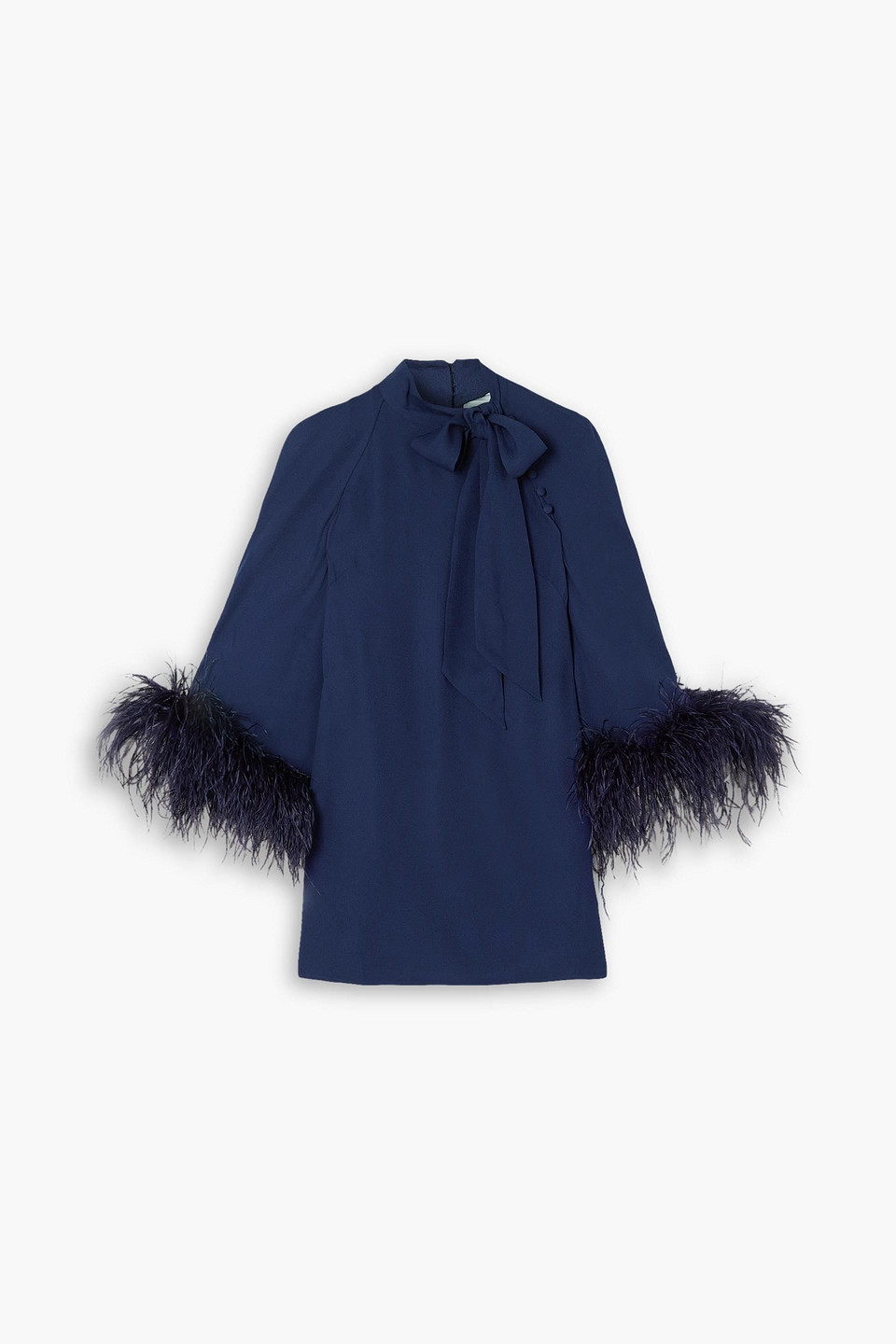 Huishan Zhang Colette Bow-detailed Feather-trimmed Crepe Top In Navy