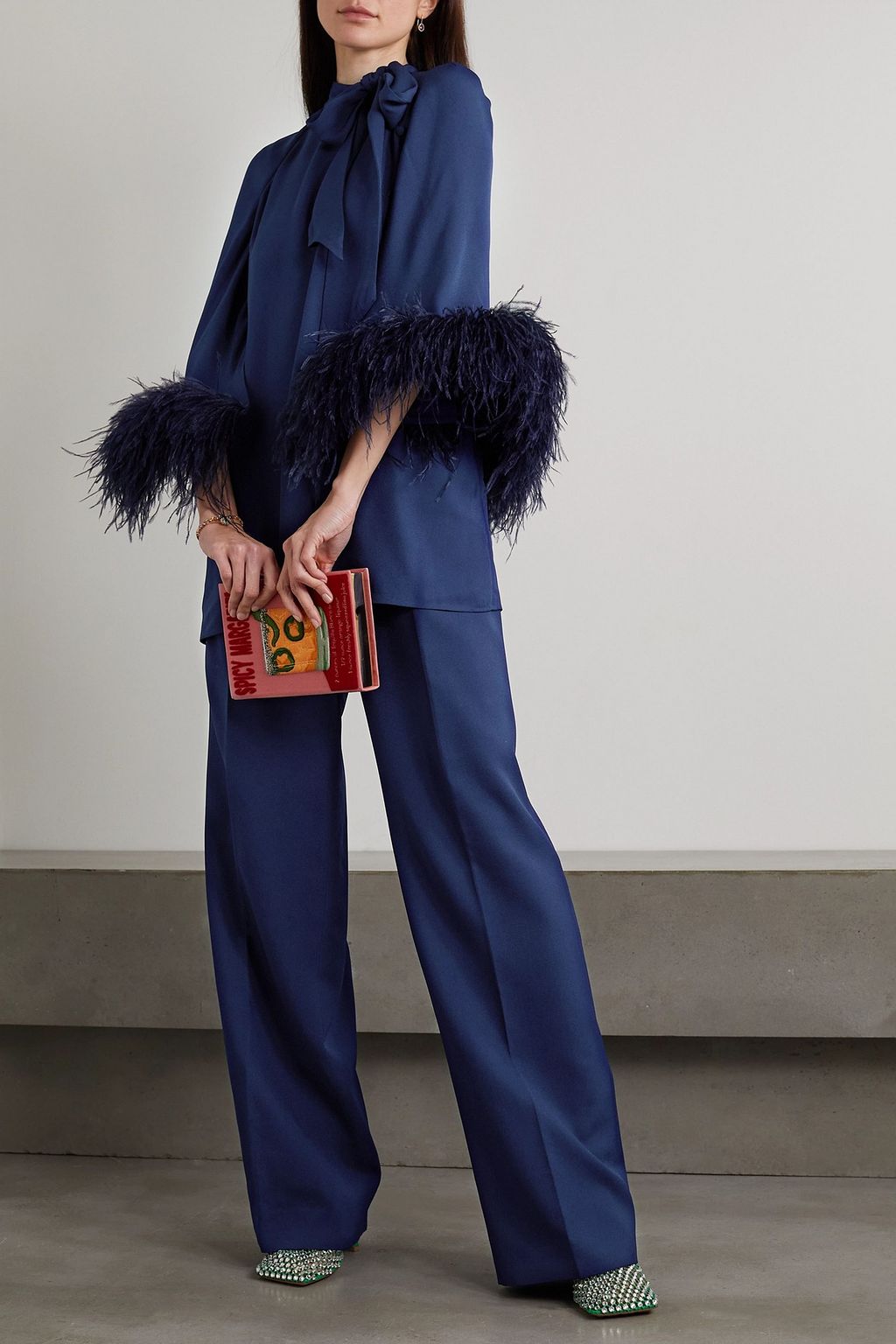 HUISHAN ZHANG Colette bow-detailed feather-trimmed crepe top