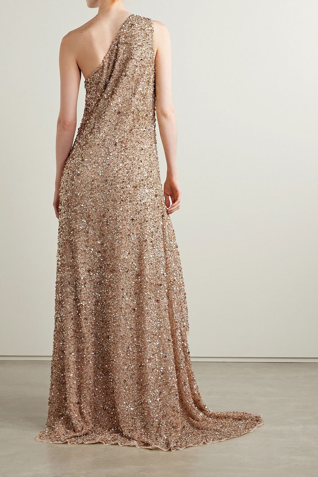 REEM ACRA One-shoulder asymmetric embellished tulle gown
