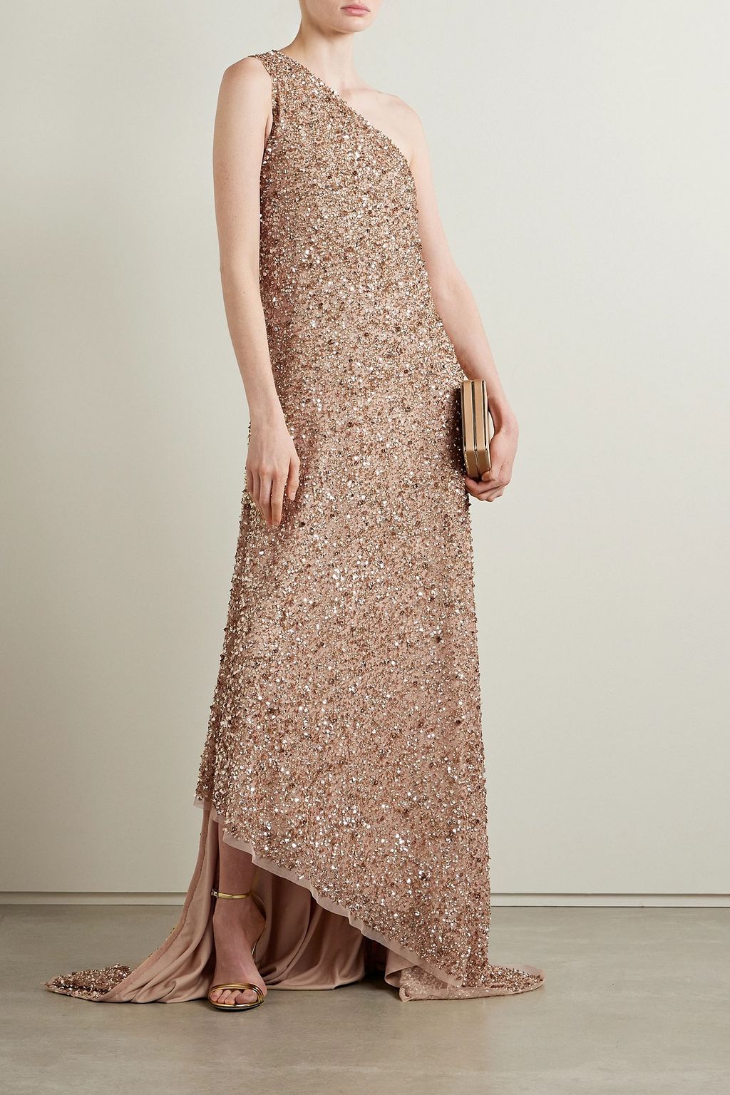 REEM ACRA One-shoulder asymmetric embellished tulle gown