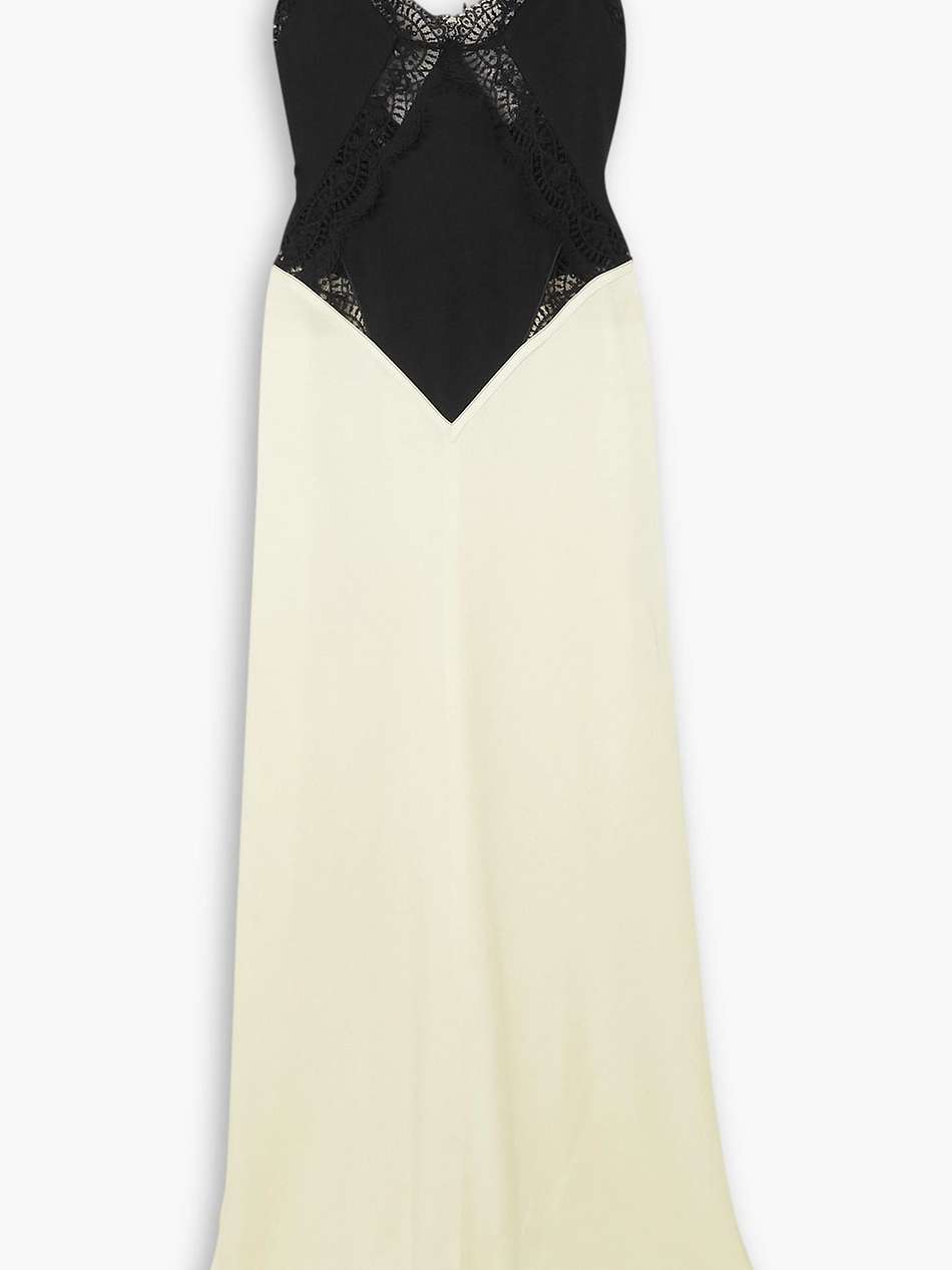 duchesse-satin and lace-trimmed jersey maxi dress