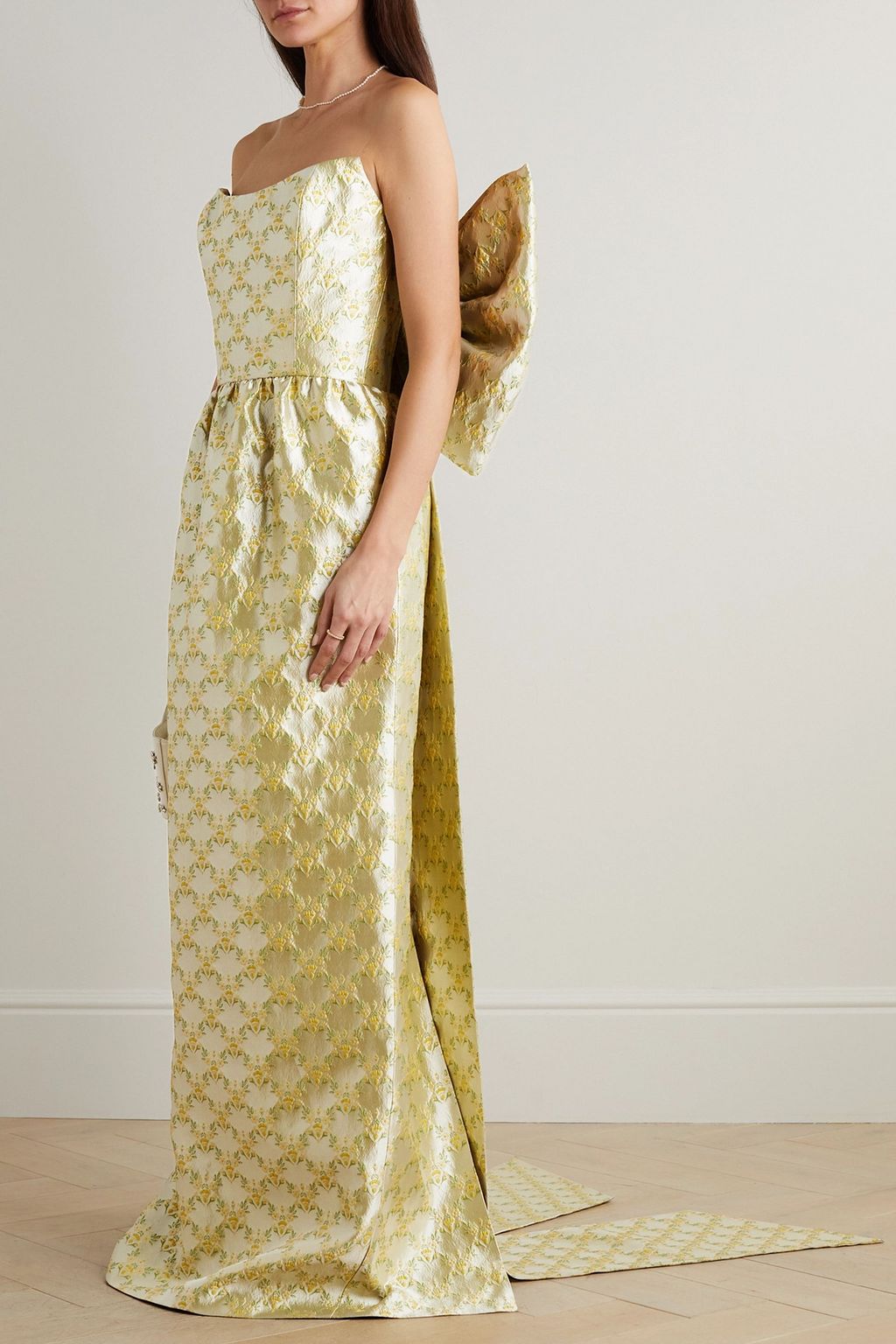 MARKARIAN Evora strapless bow-detailed metallic floral-brocade gown