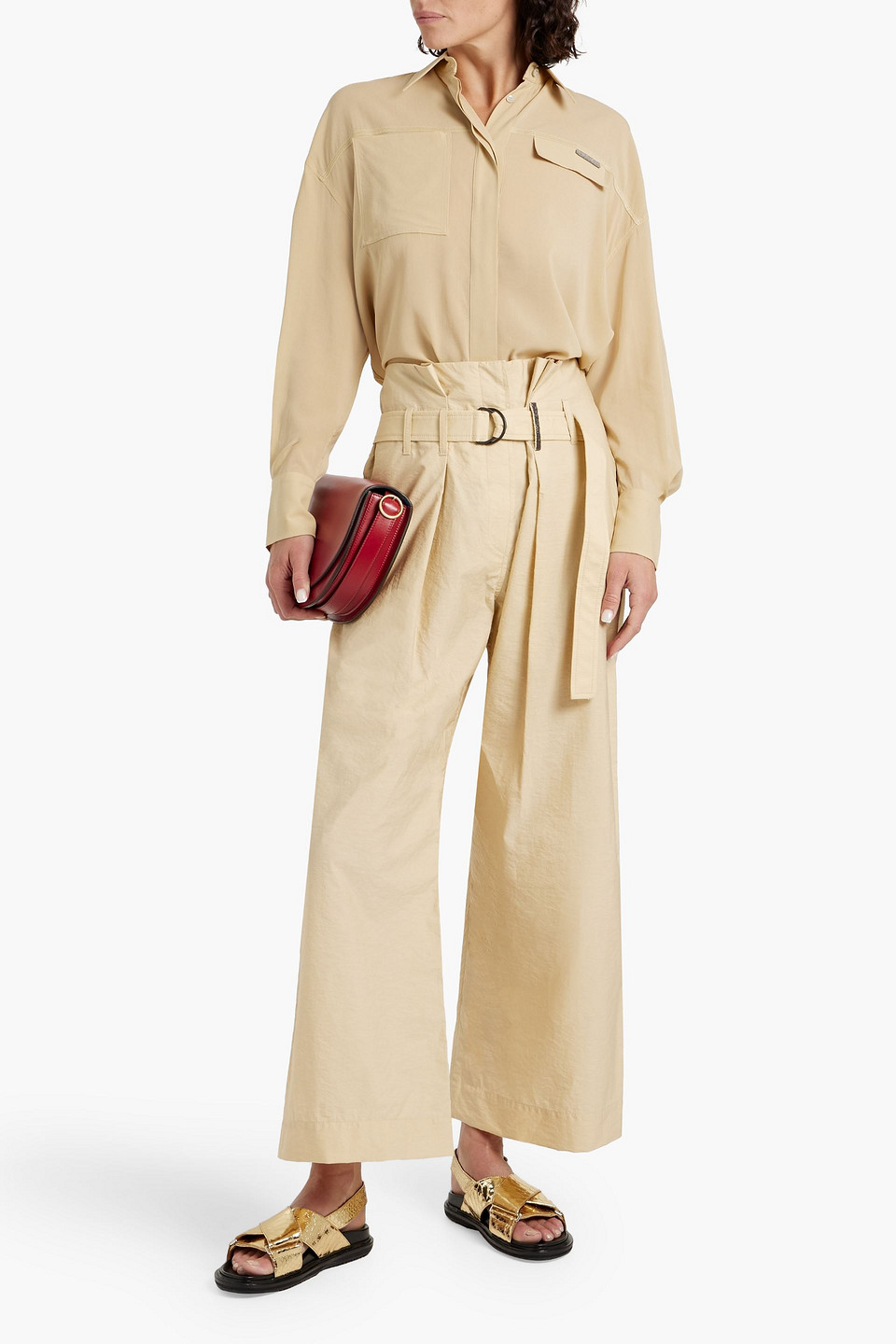 Brunello Cucinelli Bead-embellished Stretch-silk Chiffon Shirt In Beige