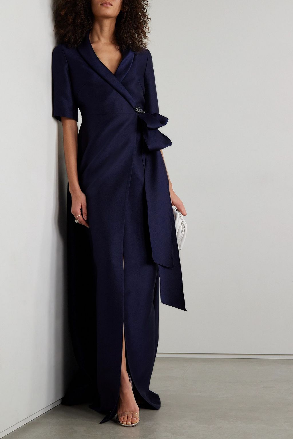 REEM ACRA Embellished wrap-effect mikado-piqué gown