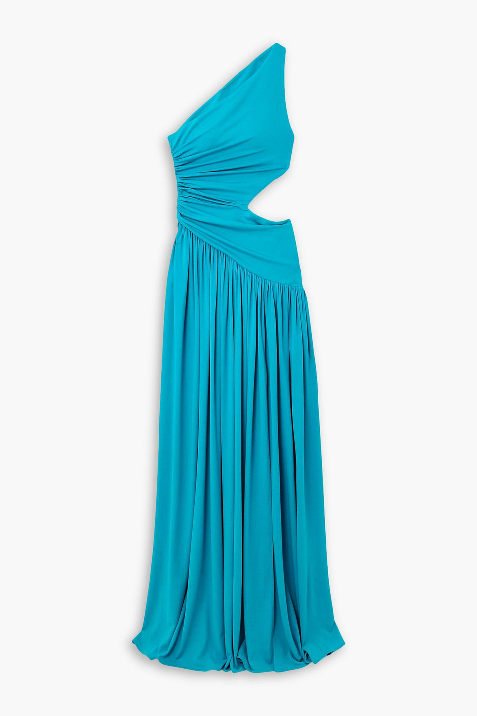 Michael Kors One-shoulder Cutout Gathered Jersey Gown In Turquoise
