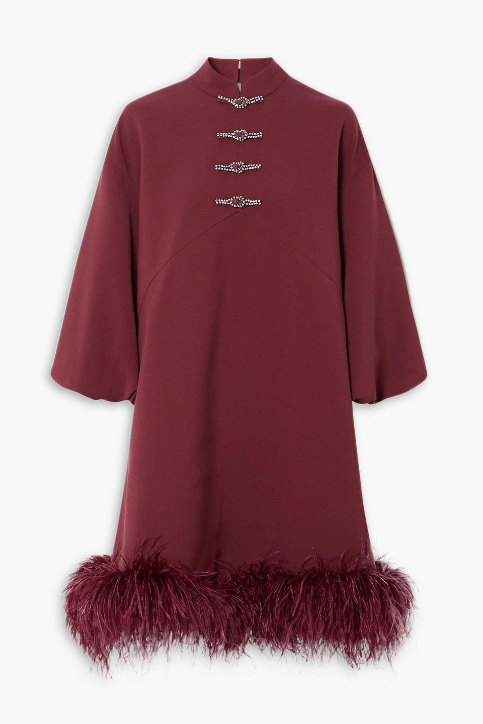 Huishan Zhang Meiling Feather-trimmed Crystal-embellished Crepe Mini Dress In Burgundy