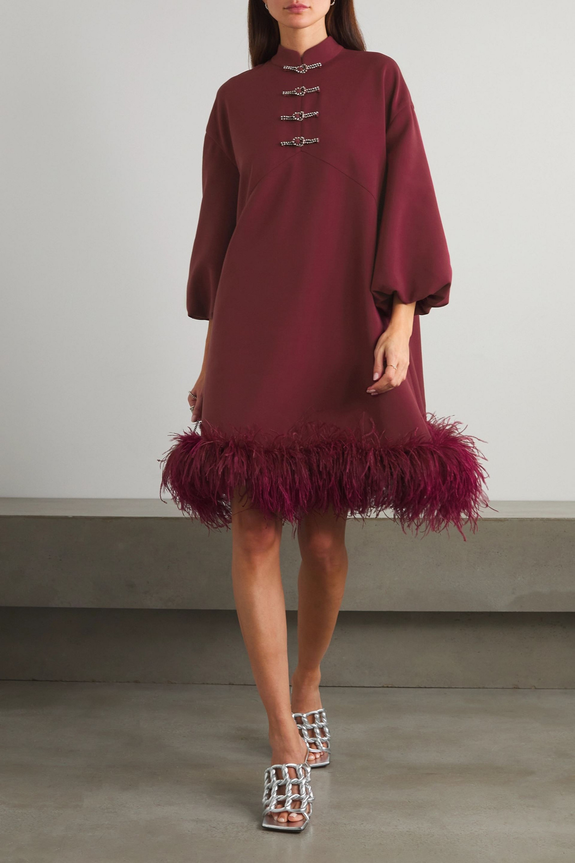 Huishan Zhang Meiling feather-trimmed crystal-embellished crepe mini dress
