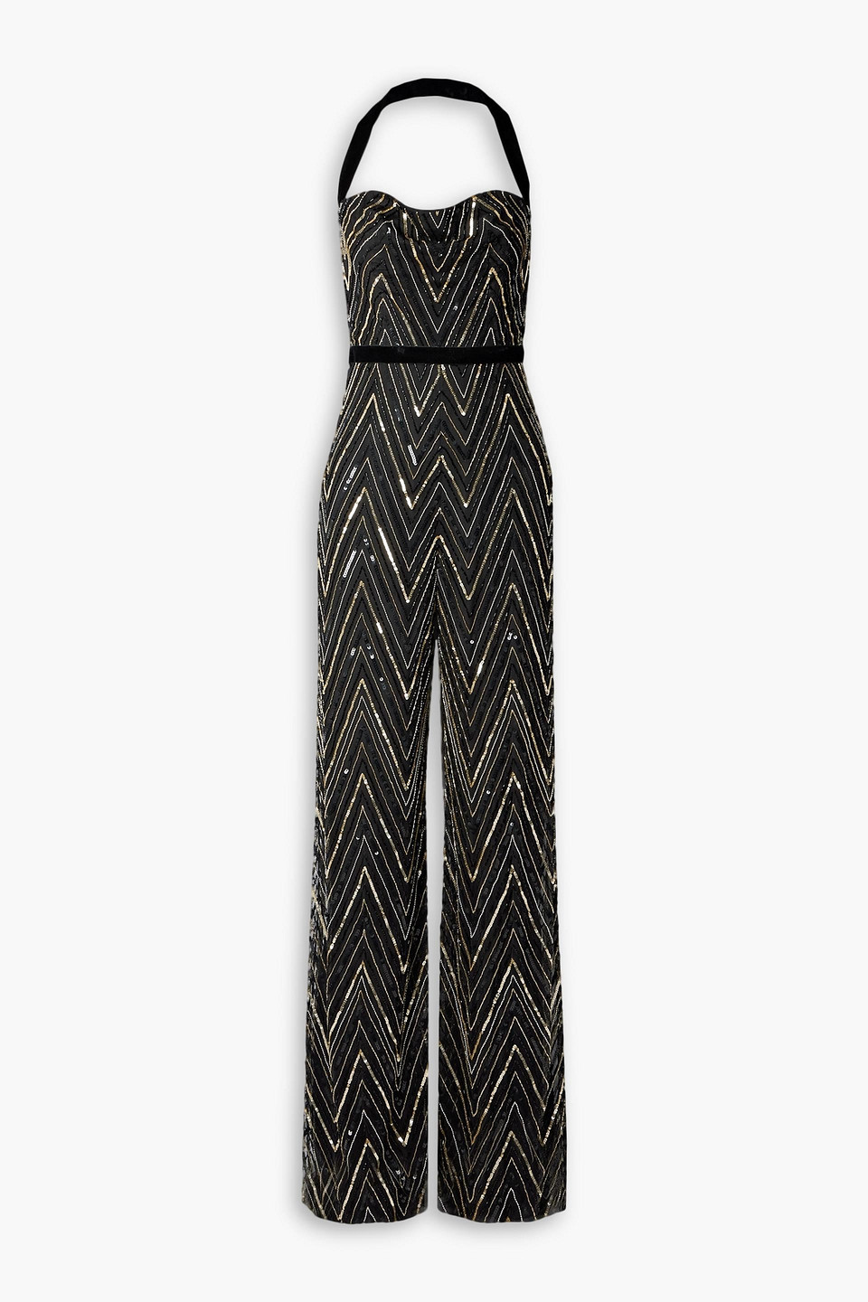 Reem Acra Velvet-trimmed Embellished Tulle Halterneck Jumpsuit In Black